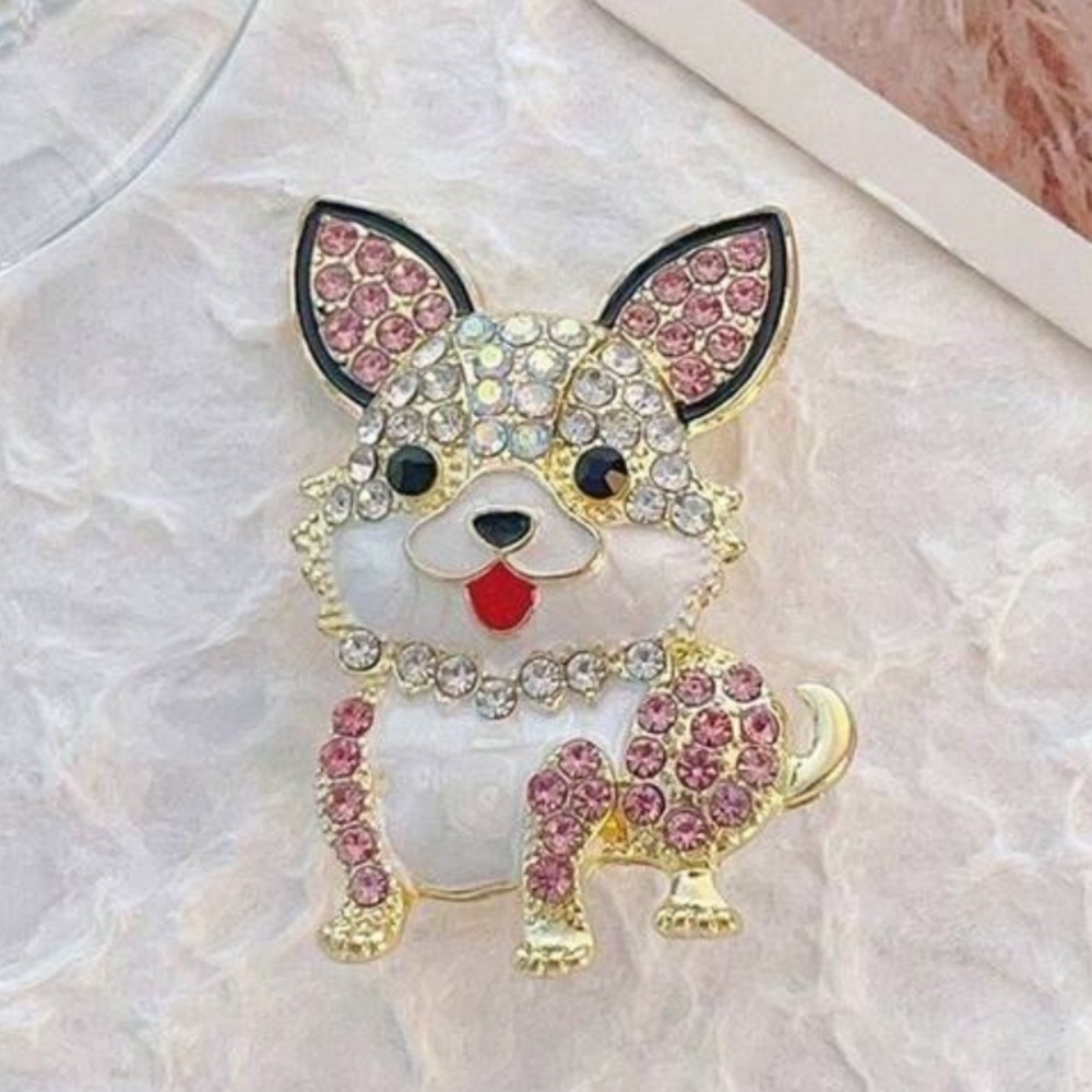 Charming Pink and Gold Dog Brooch